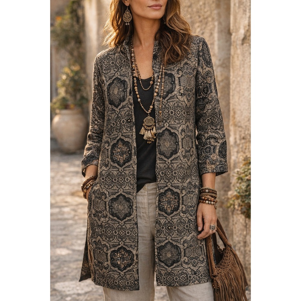 Chicos Womens Medallion Beaded Tapestry Duster Jacket L Boho Artisan Effortless